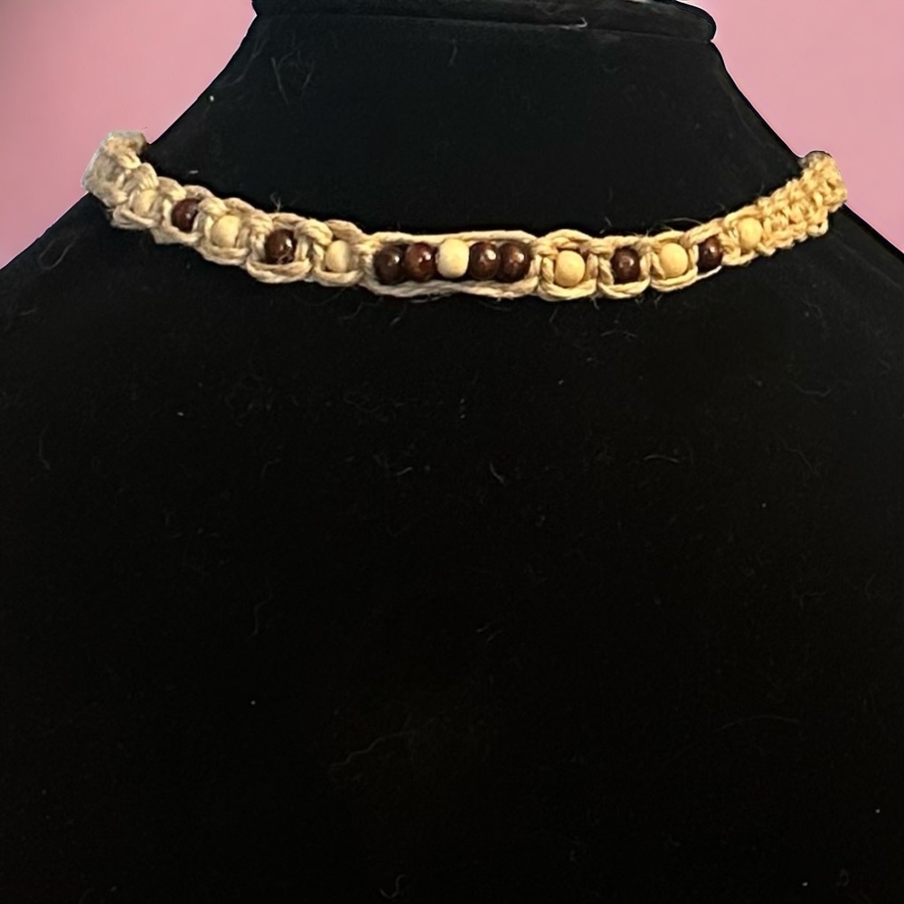 Vintage hemp woven wood bead necklace